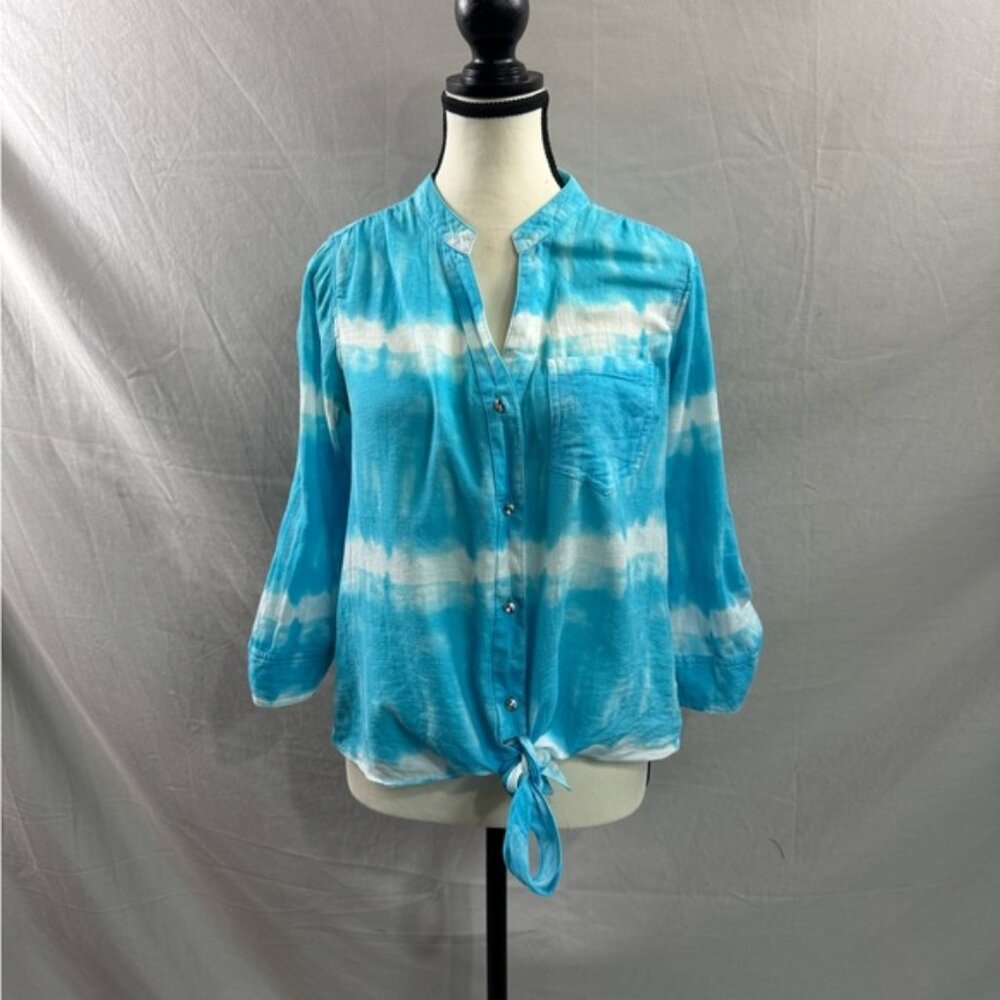 Tye Dye Rhinestone Button Front Tie Blouse Blue